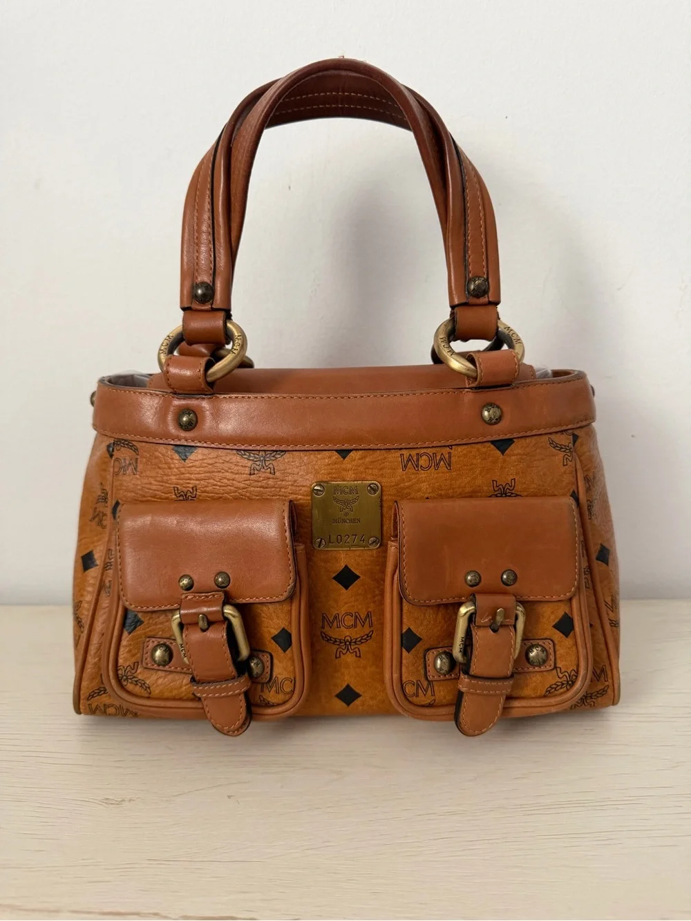 MCM Cognac Logo Visetos Double Pocket Satchel with Brass Hardware